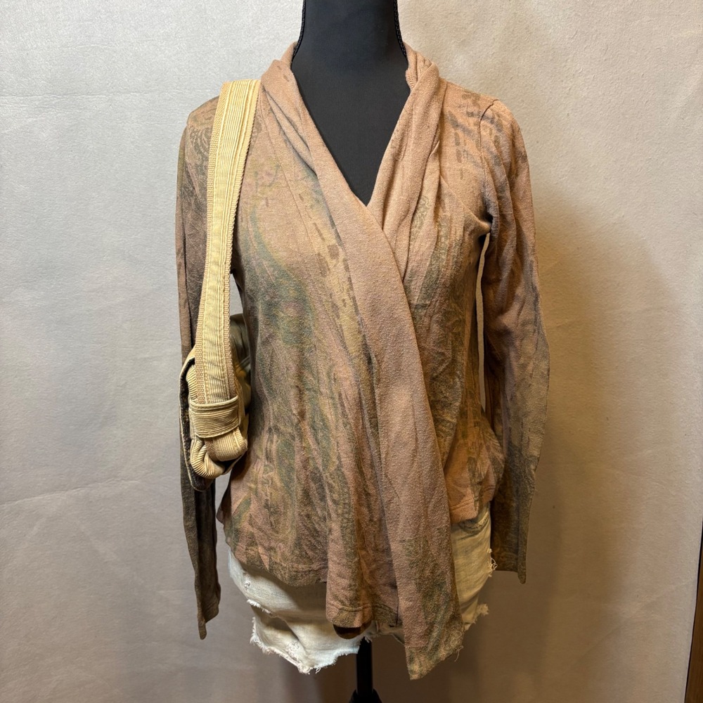 90s Brown Paisley Crochet Lace Back Draped Cardigan Medium Made In USA 9094LS